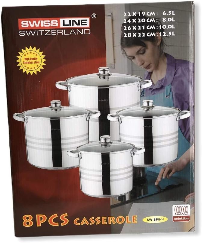 Batería de Cocina Swiss Line 8 Piezas - Acero Inoxidable 18/10 Gran Capacidad