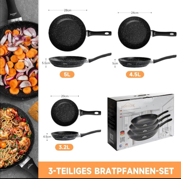 Sartenes 3 Piezas HOMELUX - Antiadherente 20cm 24cm 28cm